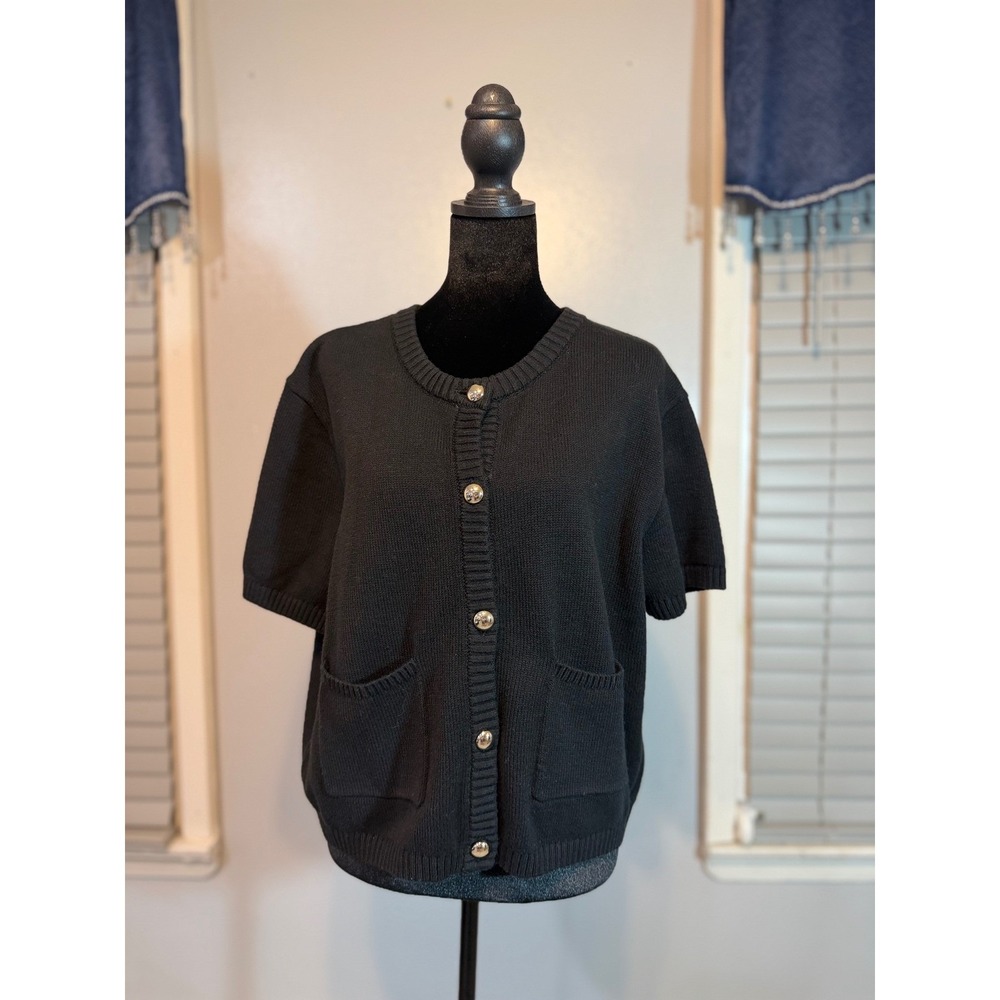H&M Black Knit Short Sleeve Cardigan Silver Button Preppy Sweater XL